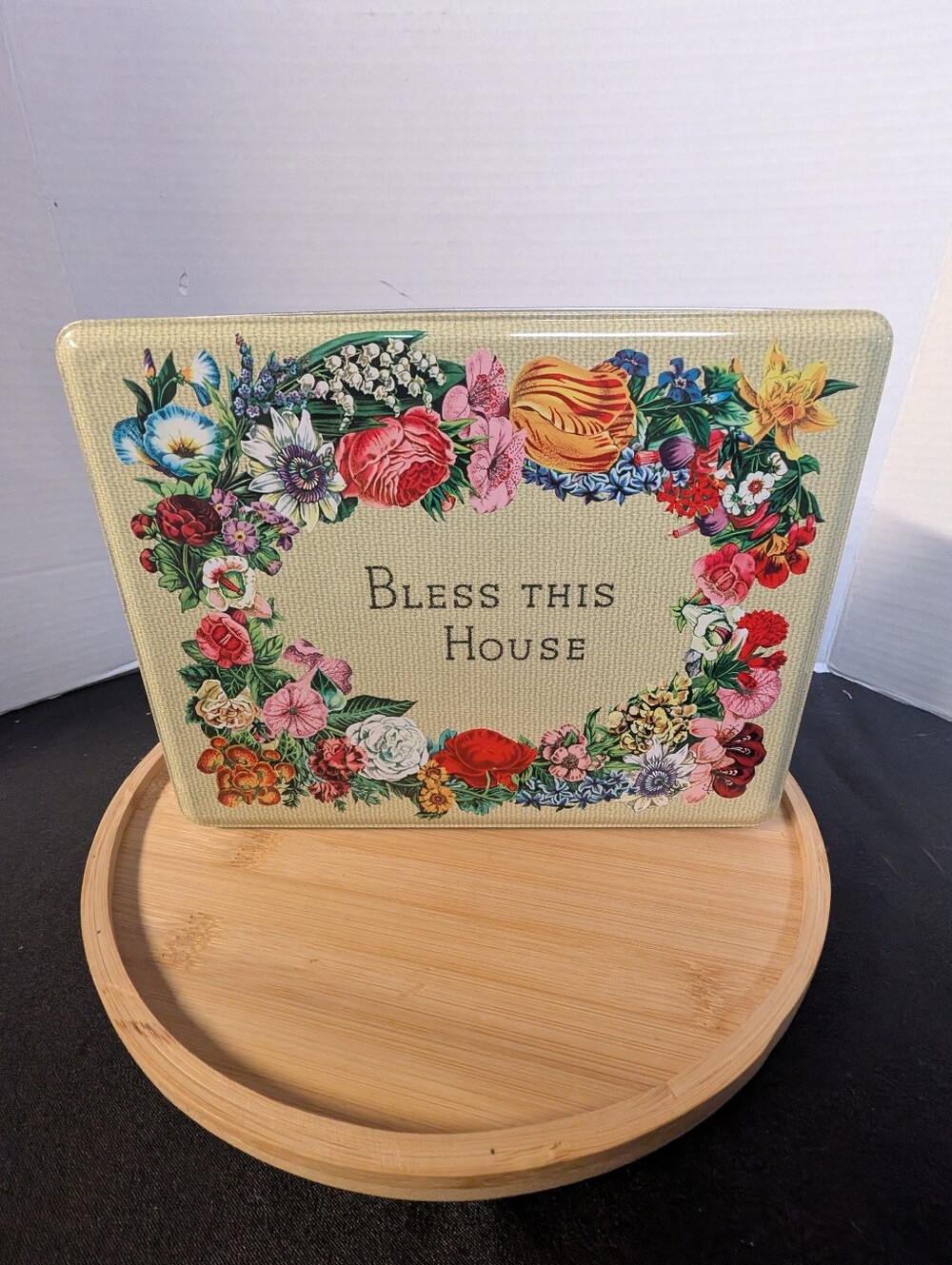 Vintage Retro Metal Biscuit Tin Bless This House Floral Pattern Cottagecore